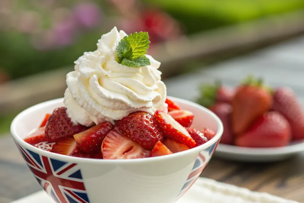 A close-up shot of a traditional serving of strawberries and cream, highlighting the vibrant red fruit and creamy texture