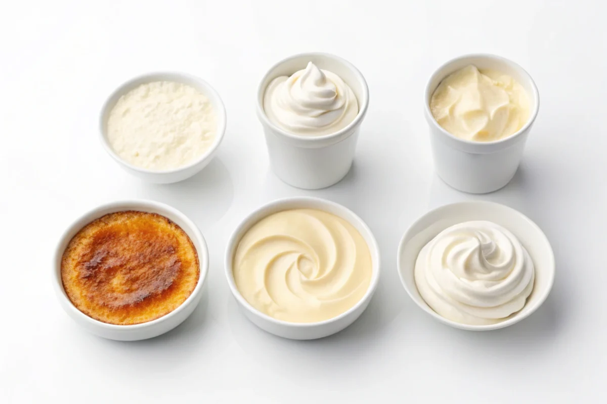 Different types of cream displayed, showing best cream for crème brûlée.