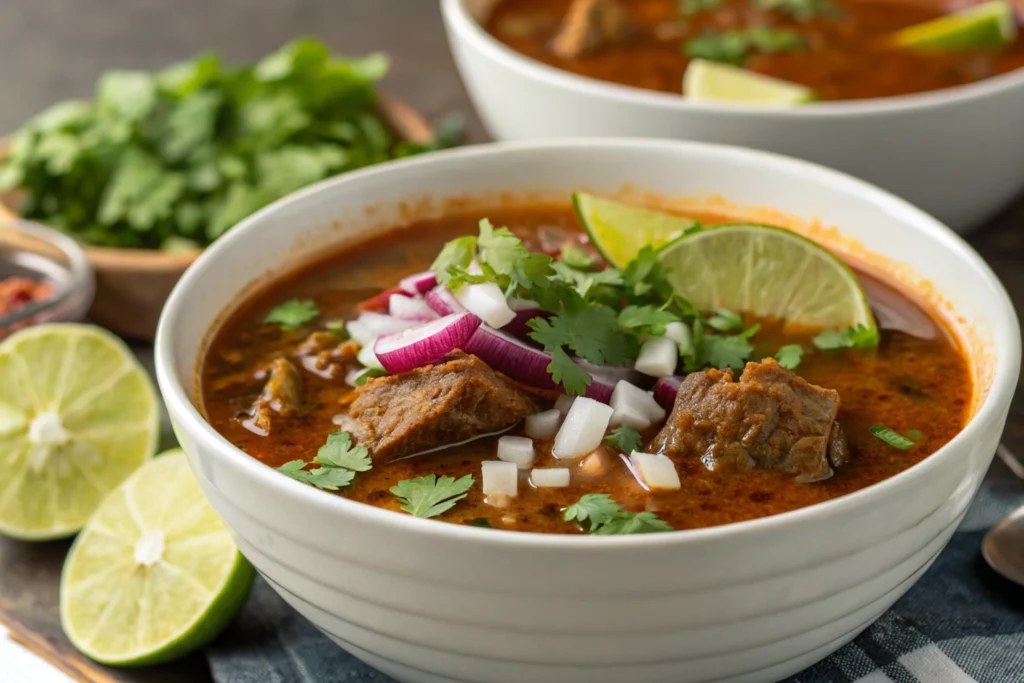 A close-up of birria taco soup with garnishes.