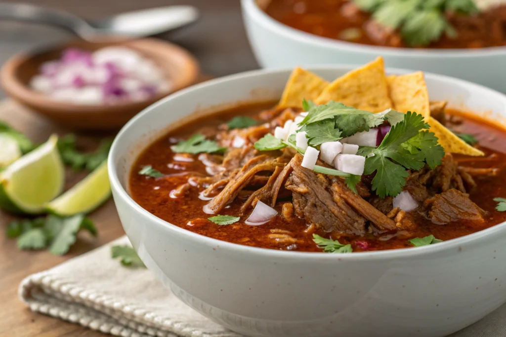 A bowl of birria taco soup with shredded meat and toppings.