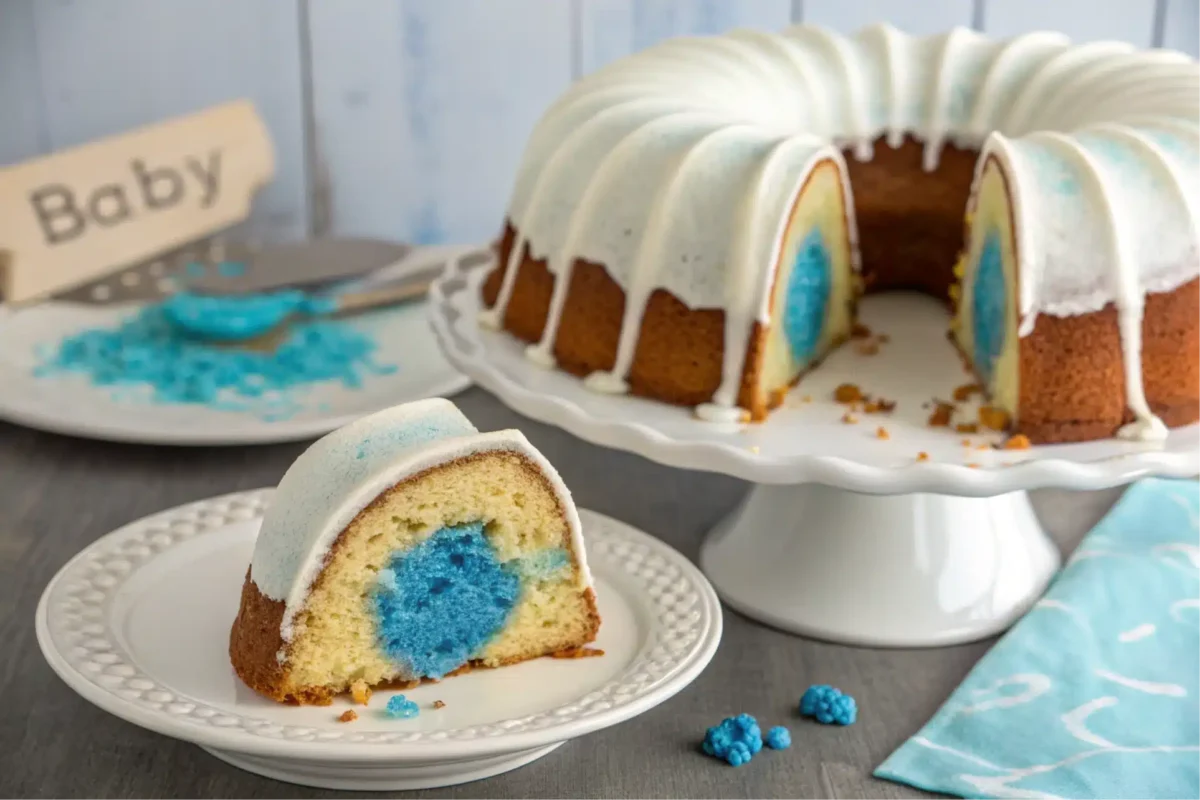 Bundt cake gender reveal, showing a cut cake with blue filling.