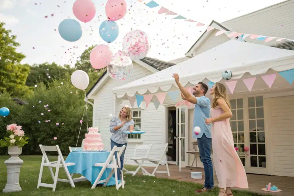 Who usually pays for a gender reveal party, showing a group celebrating.