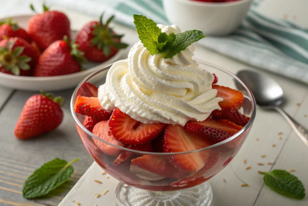 A bowl of fresh strawberries topped with a swirl of whipped cream and a sprig of mint.