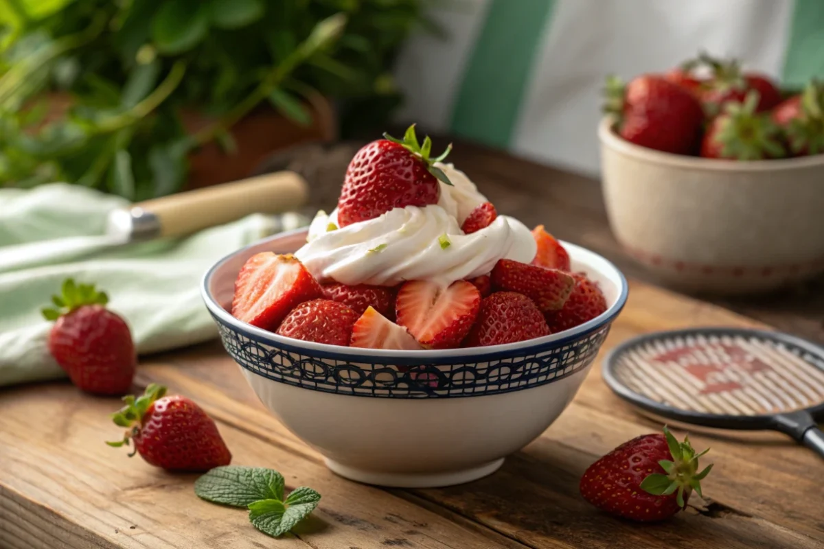 Fresh strawberries and cream in a bowl, with a tennis-themed backdrop and rustic table setting.