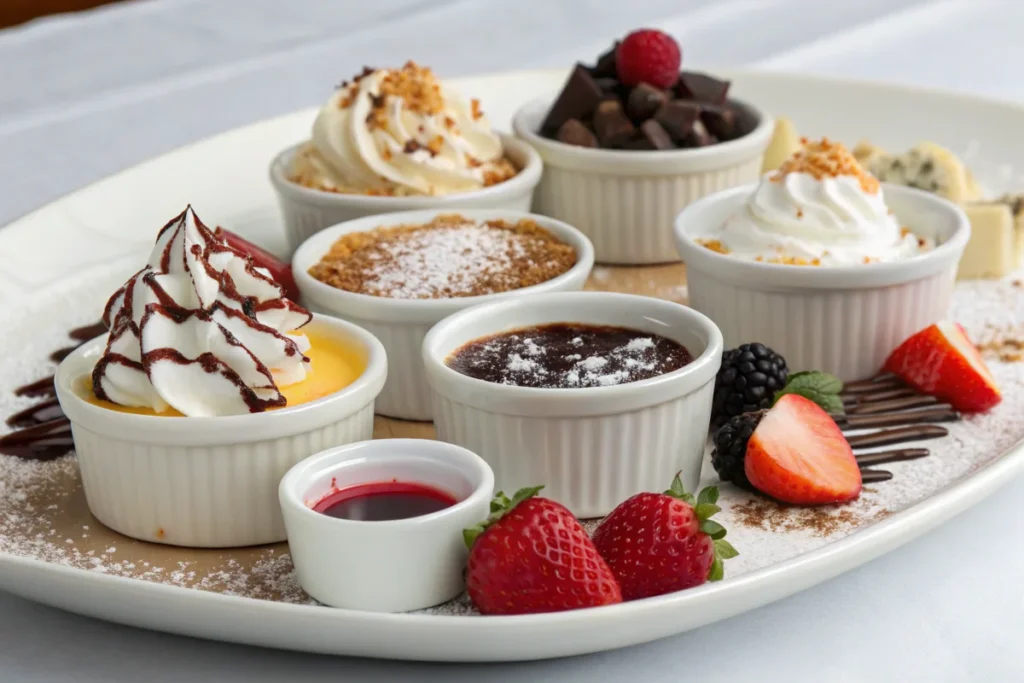 A vibrant image of various classic toppings for strawberries, including whipped cream, chocolate sauce, sugar, yogurt, and powdered sugar on a plate