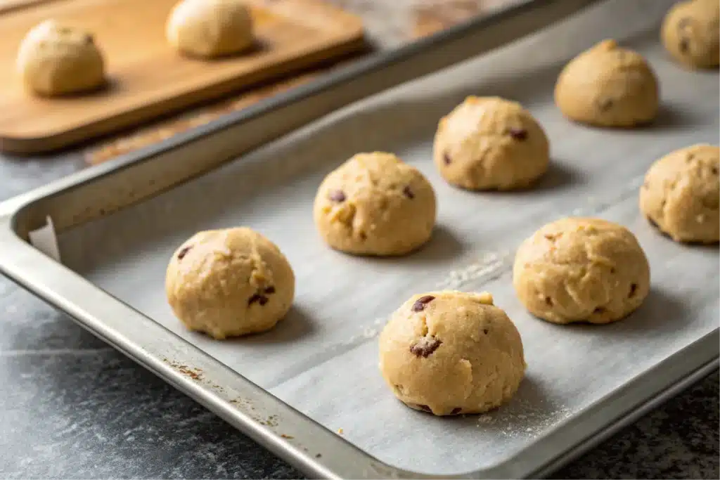 Should cookie dough rest before baking, showing cookie dough balls on a baking sheet.