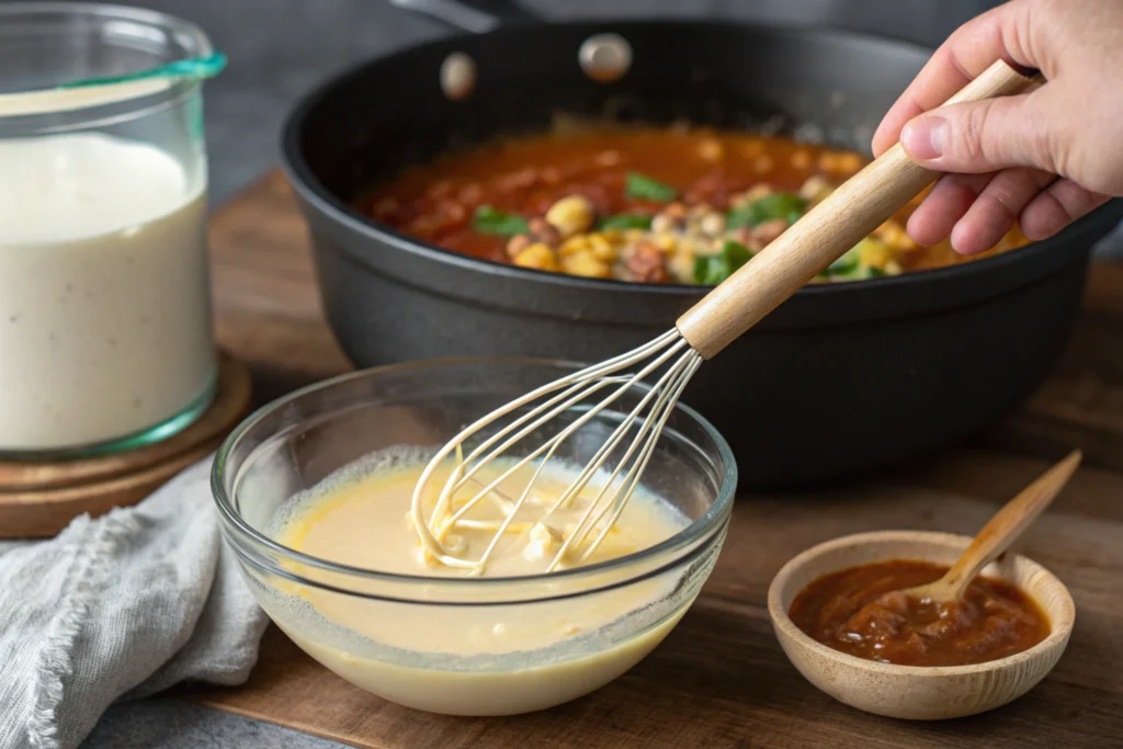 Preparing a cornstarch slurry to thicken taco soup.