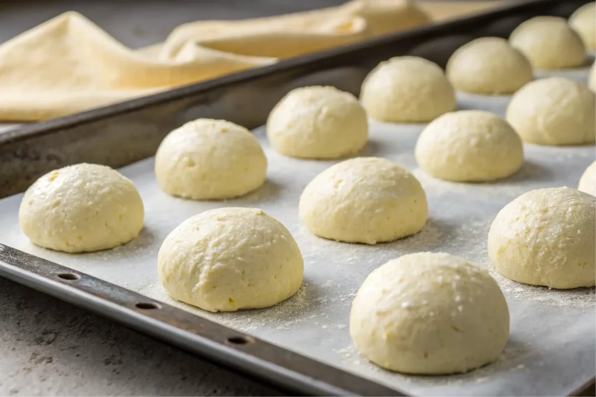 Cottage cheese dough balls on a baking sheet.