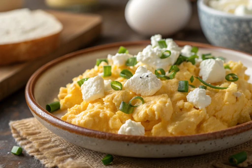 A close-up of scrambled eggs with cottage cheese, showing the creamy texture. This is a way to show what does cottage cheese do to eggs.