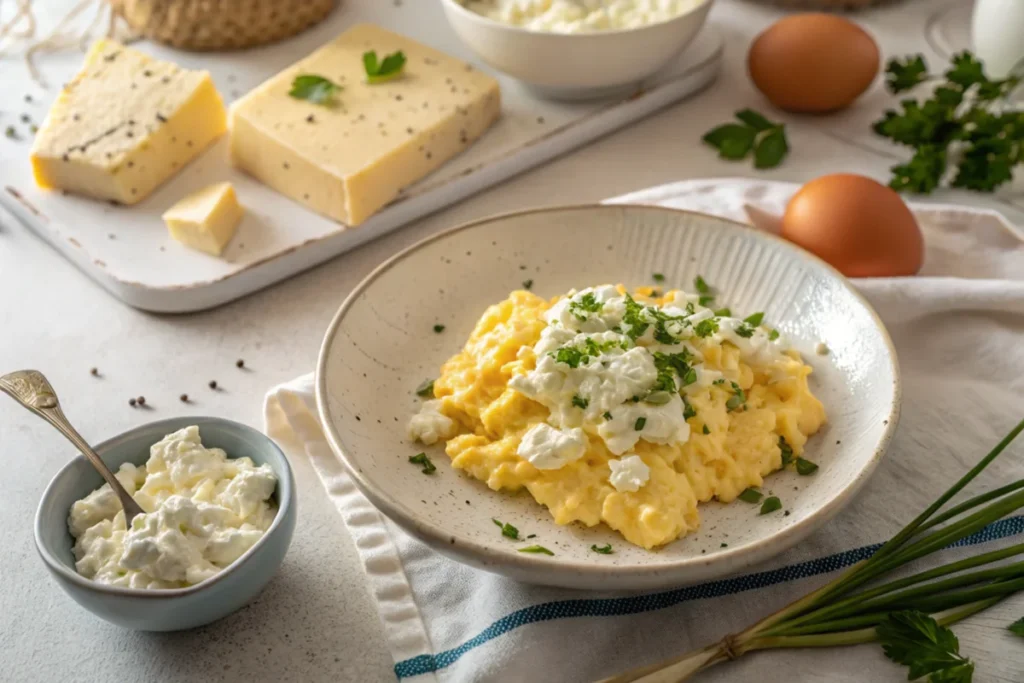 Fluffy scrambled eggs mixed with creamy cottage cheese and fresh herbs on a plate.