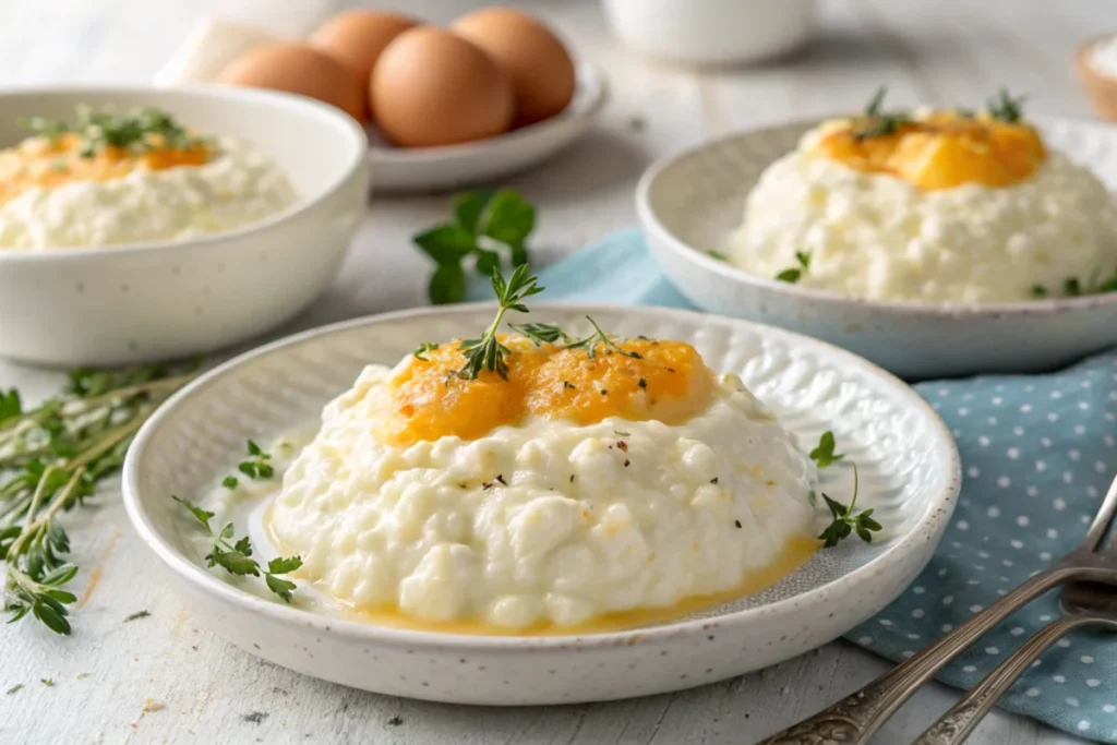 A plate of creamy, golden cottage cheese eggs with a garnish of chives and black pepper.