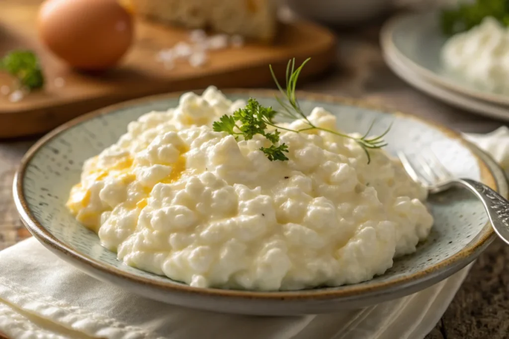 A plate of creamy, perfectly cooked cottage cheese eggs with a garnish of fresh herbs.