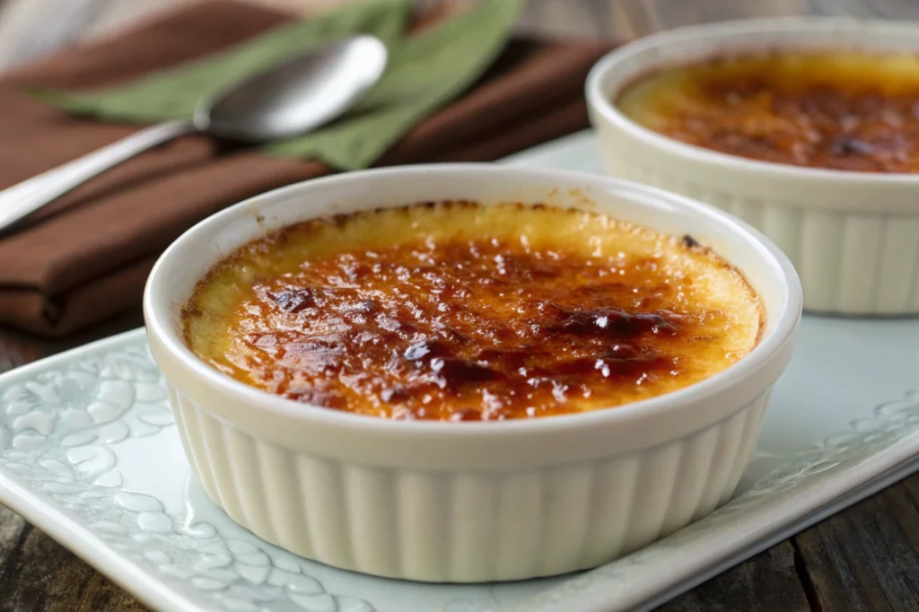 What can I use for creme brulee if I don't have ramekins, showing a close-up of the dessert.