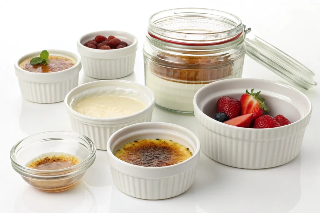 Various options for what can you use instead of ramekins for crème brûlée shown side by side.