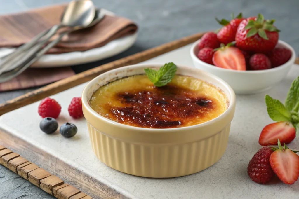 Close-up of creme brulee in a Pyrex dish, showcasing its caramelized top