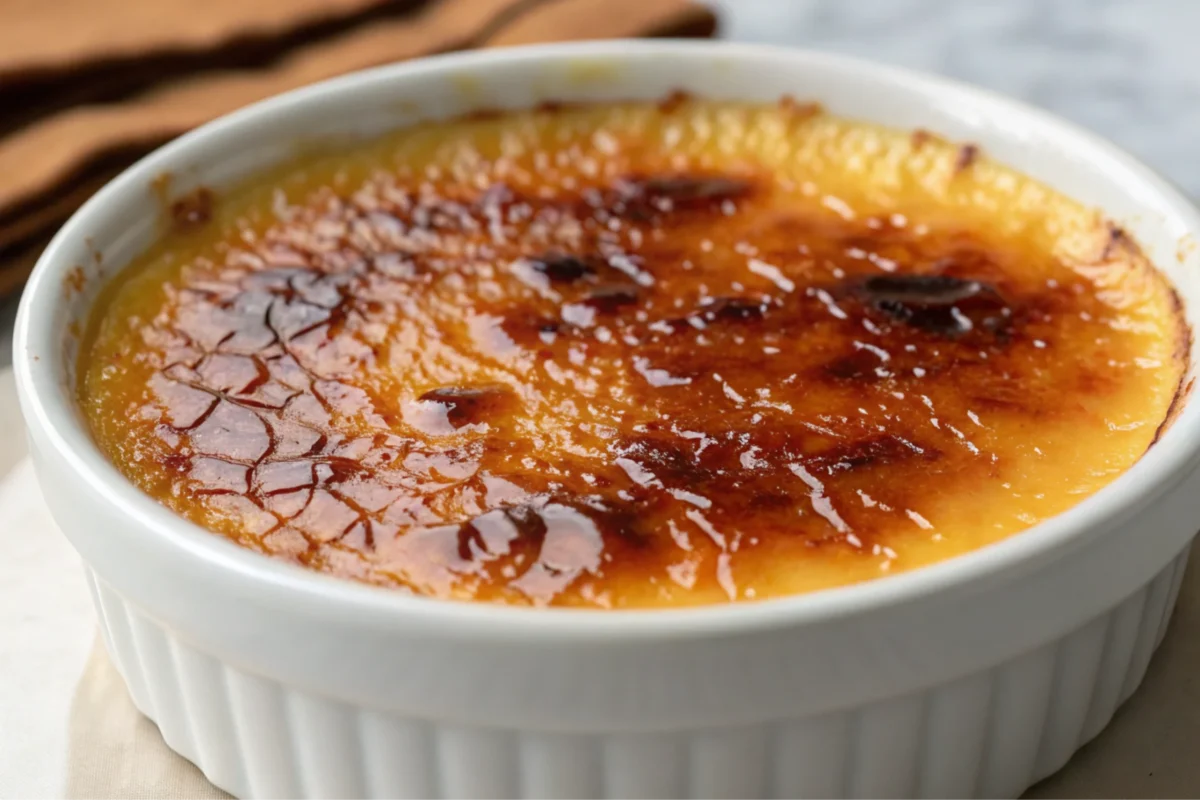 What is the secret of creme brulee shown in a close up with a golden top