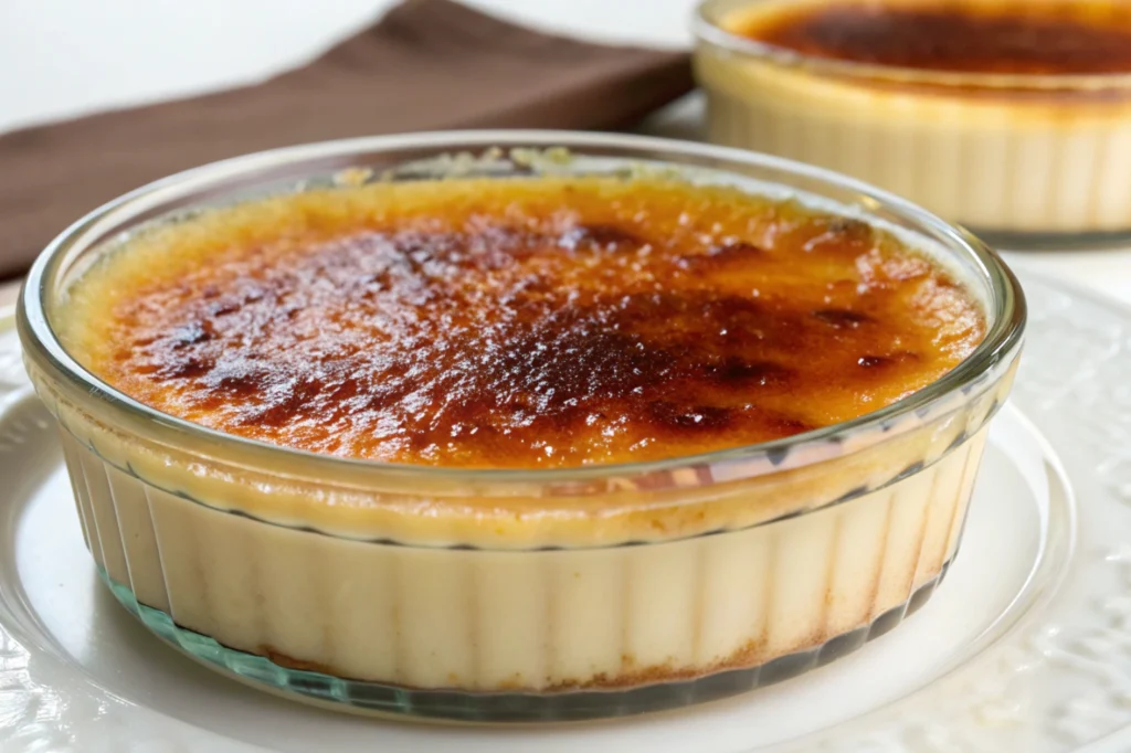 Close-up of creme brulee in a Pyrex dish, showcasing its caramelized top.