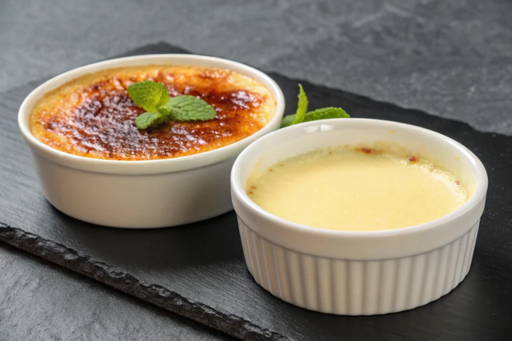 Crème brûlée and custard side by side.