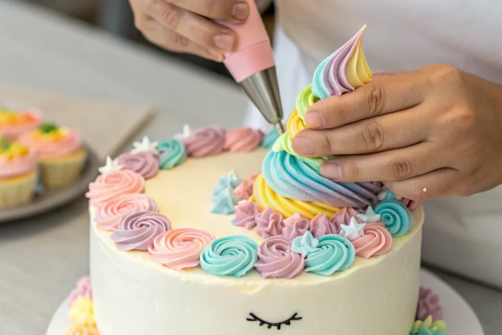 Piping buttercream mane on a decorate unicorn cake.