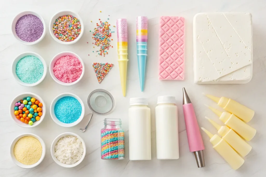 Decorate unicorn cake supplies featuring sprinkles, edible glitter, and fondant.