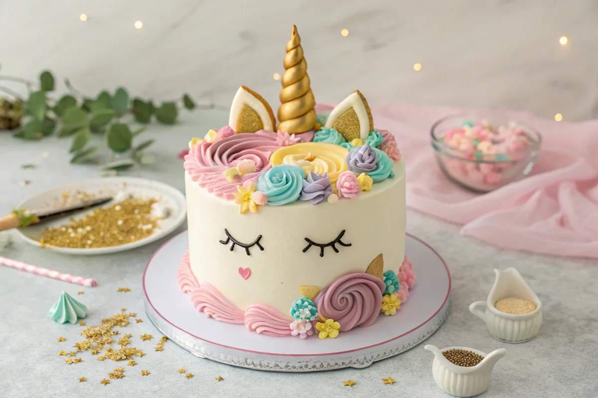 Decorate unicorn cake with pastel frosting and edible gold horn.