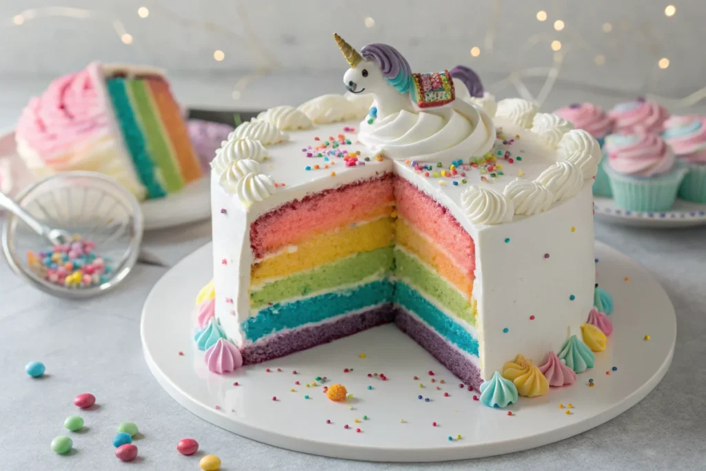 Rainbow cake layers inside a decorate unicorn cake.