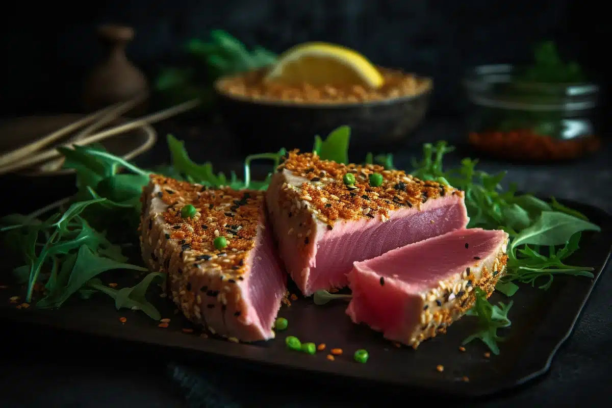 Sliced seared ahi tuna with sesame seeds.