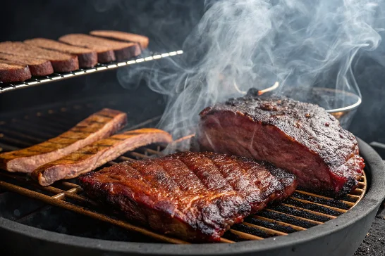 Smoked meat on a smoker grill, ready to serve.