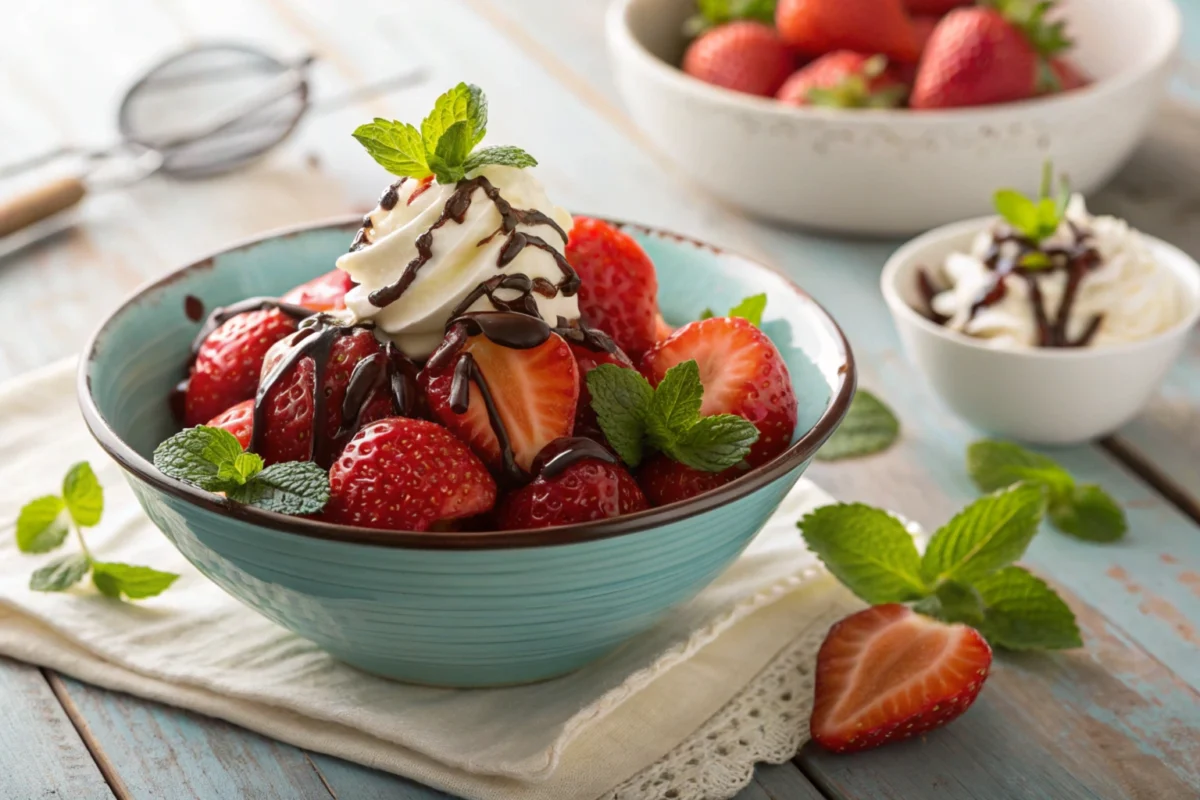 Fresh strawberries in a bowl with chocolate drizzle, whipped cream, and mint leaves on a rustic wooden table.