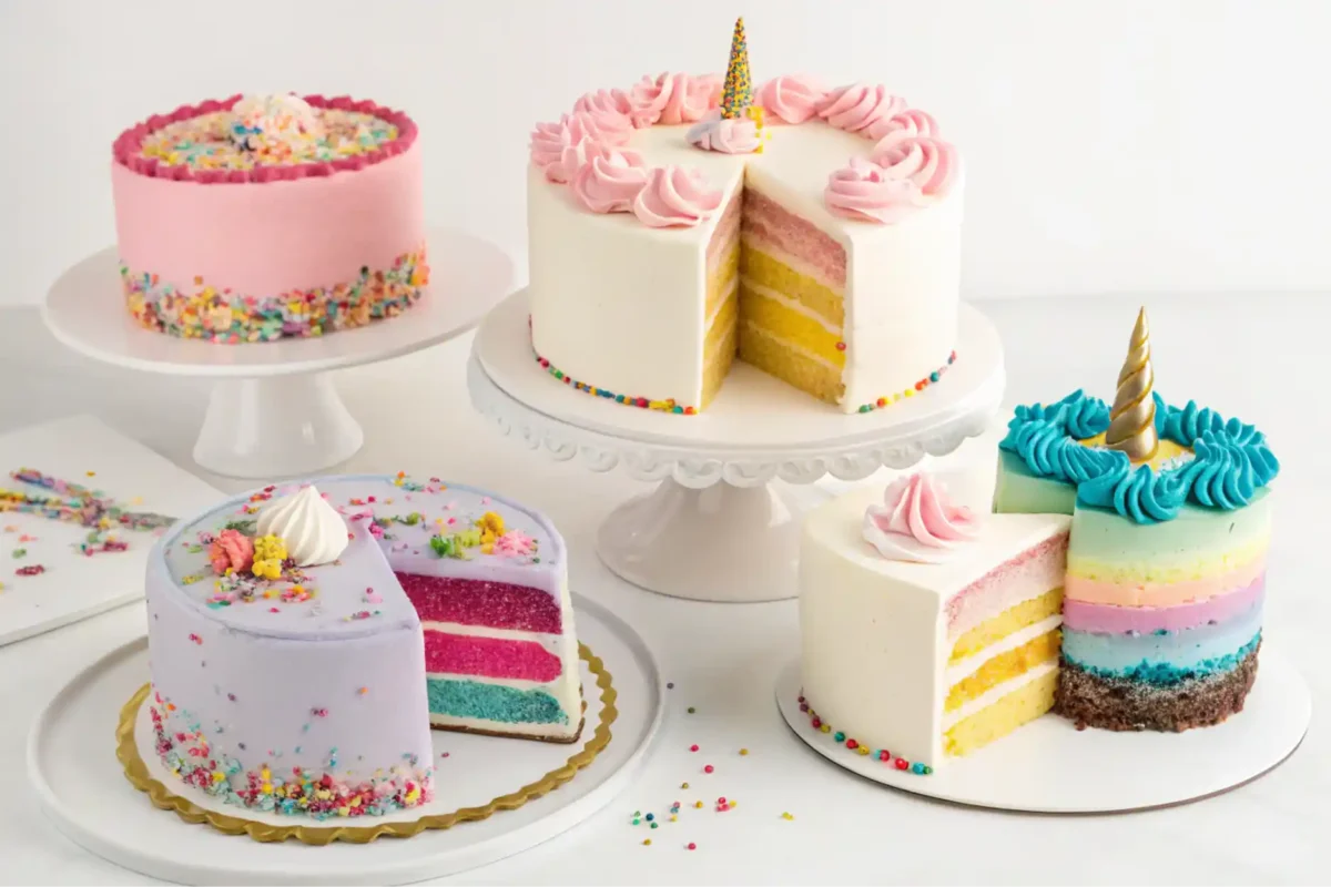 A delicious unicorn cake flavor display.