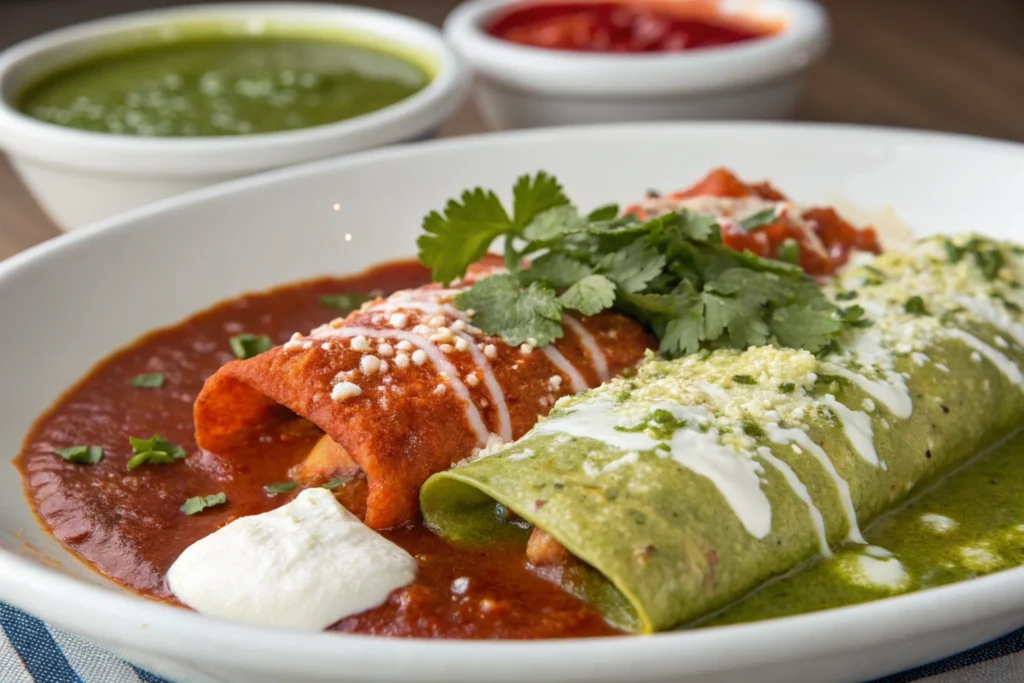 Close-up of divorced enchiladas, one side with red sauce, the other with green sauce, garnished with sour cream, cilantro, and cheese.