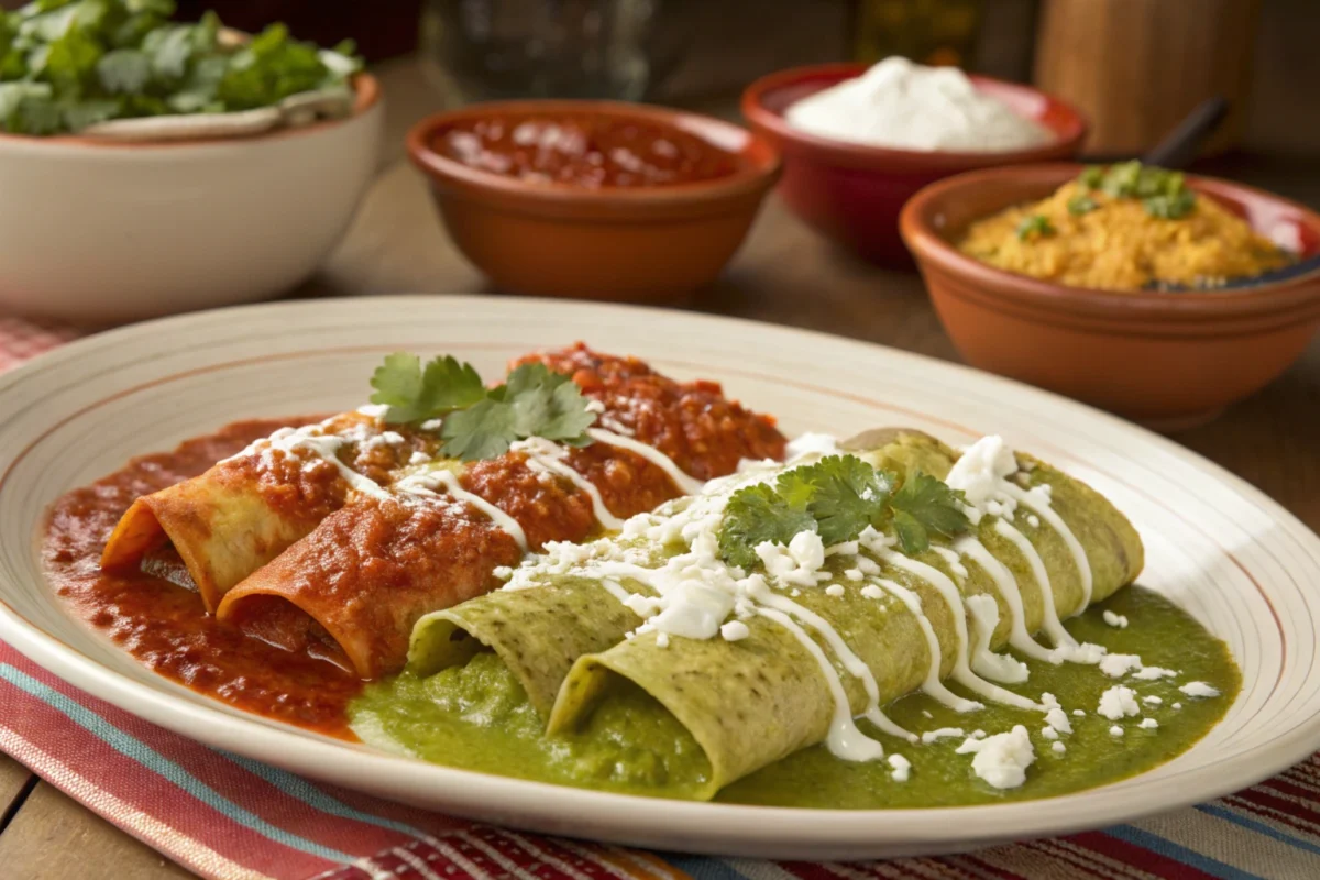 Divorced enchiladas served with red and green sauces separated on a plate, garnished with cilantro, sour cream, and cheese.