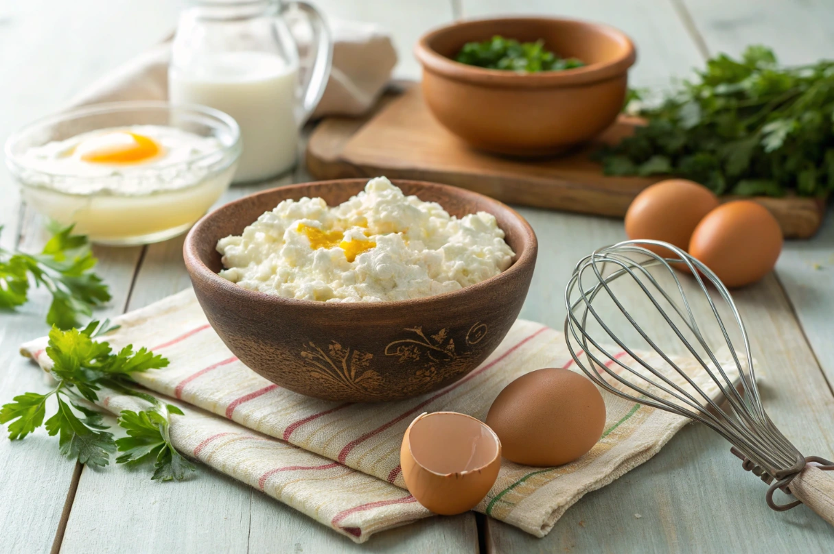 A cozy kitchen scene with a wooden table featuring a bowl of creamy cottage cheese, cracked eggs, fresh herbs, and a whisk.