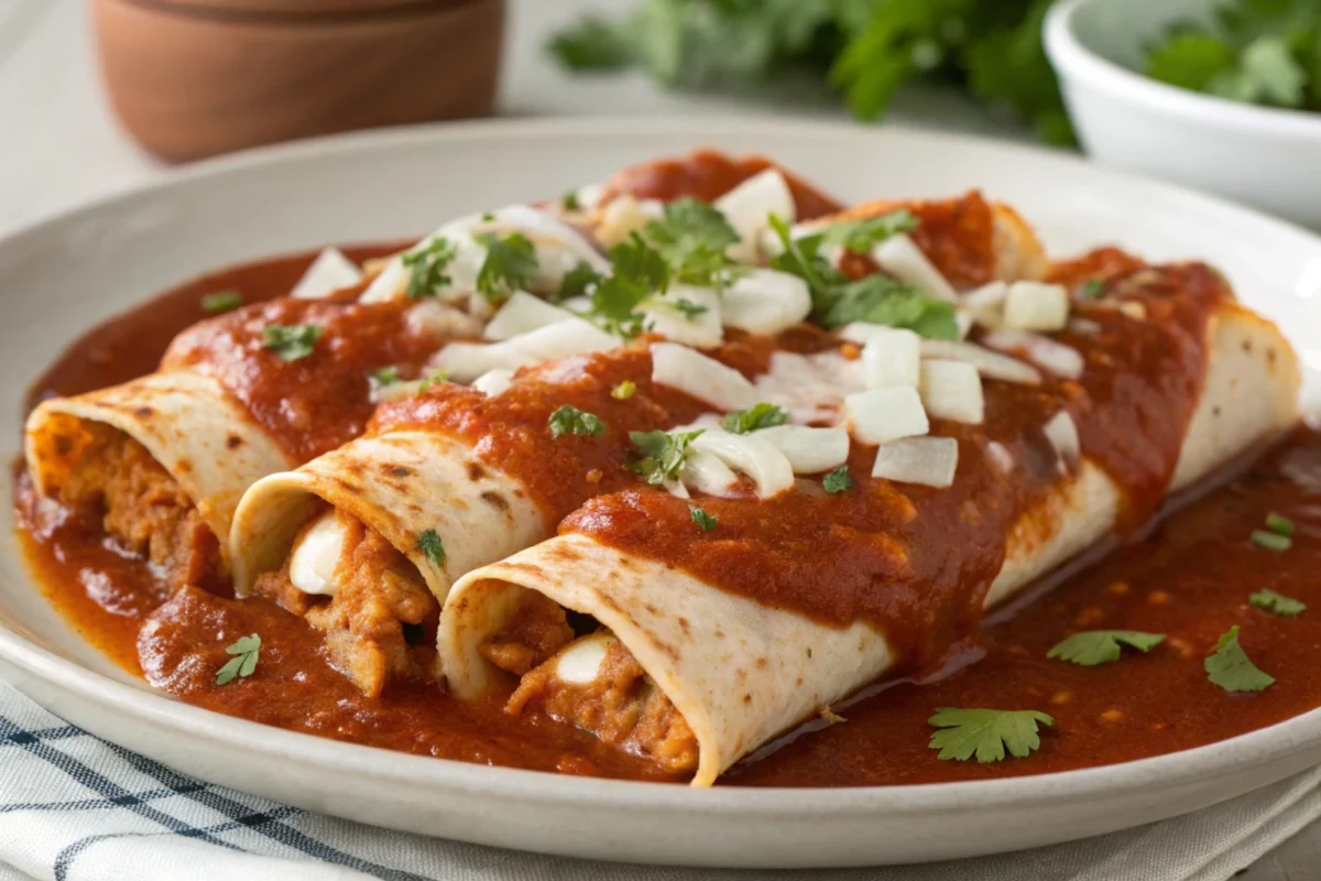 Plate of traditional enchiladas with red sauce, melted cheese, and fried tortillas, showcasing the richness and high-fat content