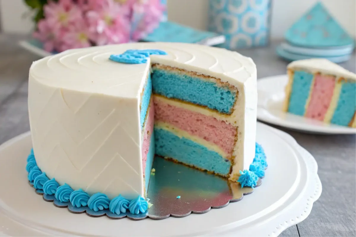 Best cake for a gender reveal, showing a slice with blue filling.