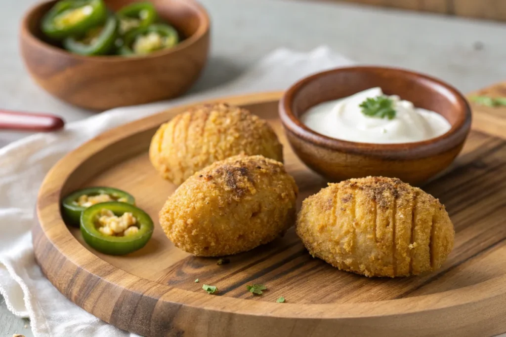 A close-up of golden brown armadillo eggs on a plate