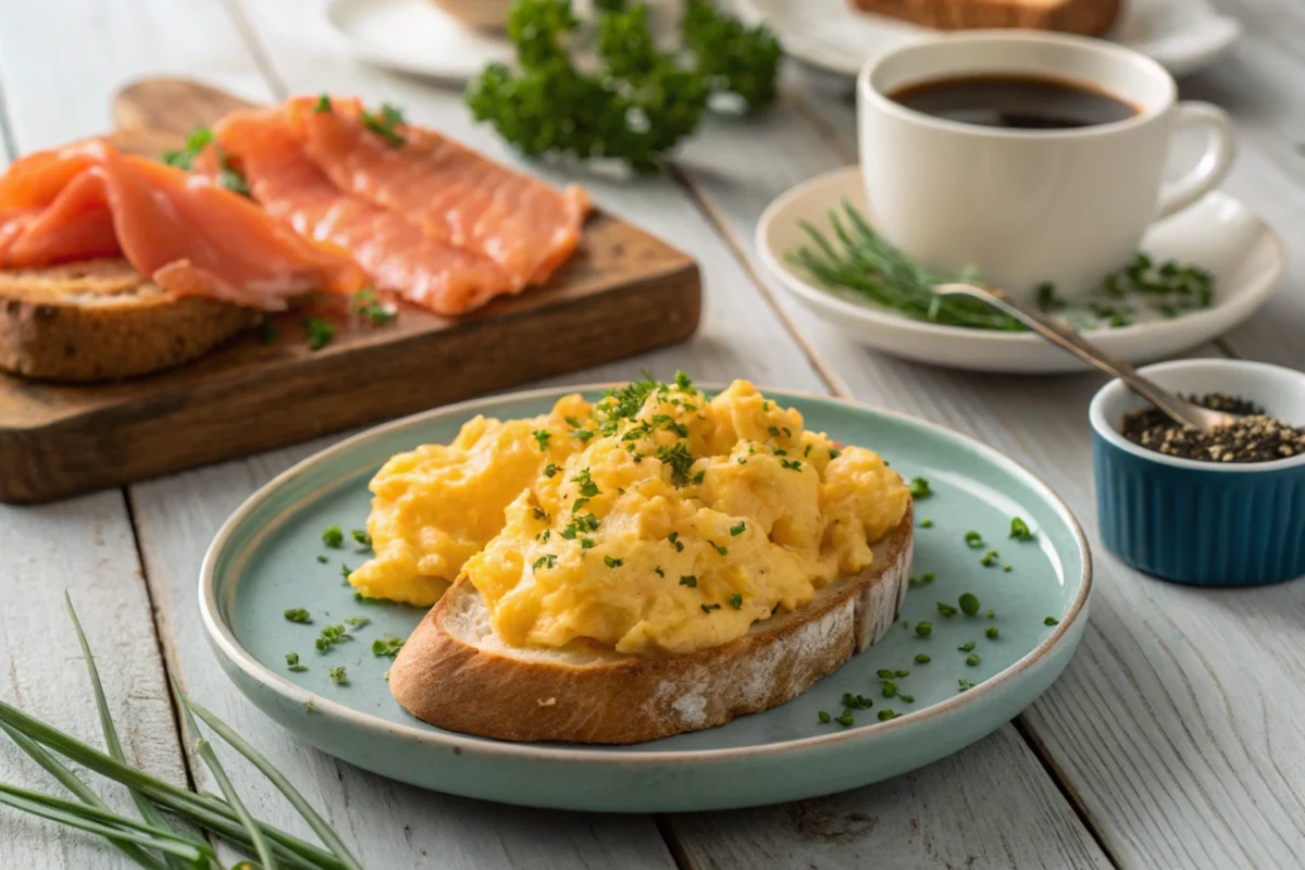 Plate of creamy scrambled eggs on toasted sourdough bread, garnished with chives and served alongside smoked salmon, captured on a rustic wooden table with soft morning light.