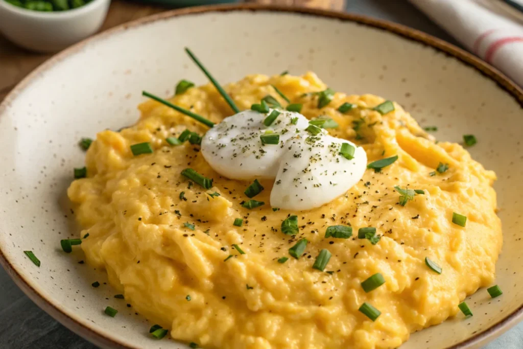 A plate of creamy, perfectly cooked Gordon Ramsay scrambled eggs with crème fraîche and chives.