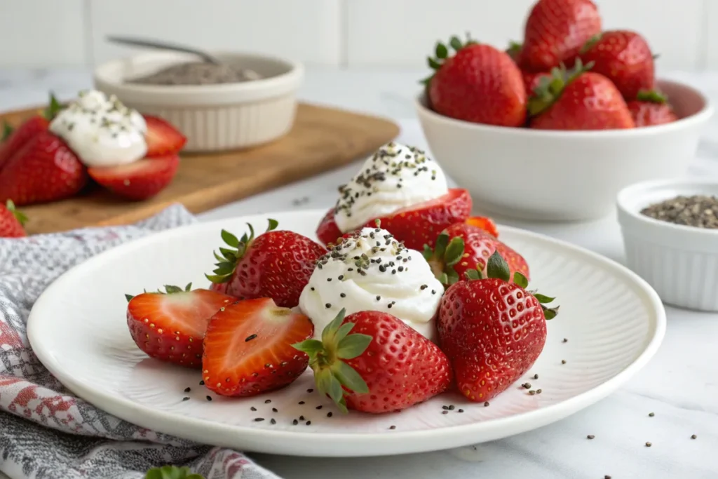 A variety of healthier versions of strawberries and cream, featuring Greek yogurt, nuts, seeds, and natural sweeteners