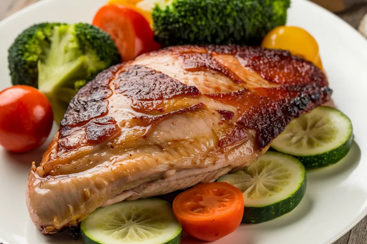 Is meat cooked in a smoker healthy? Smoked chicken breast on a plate with vegetables.