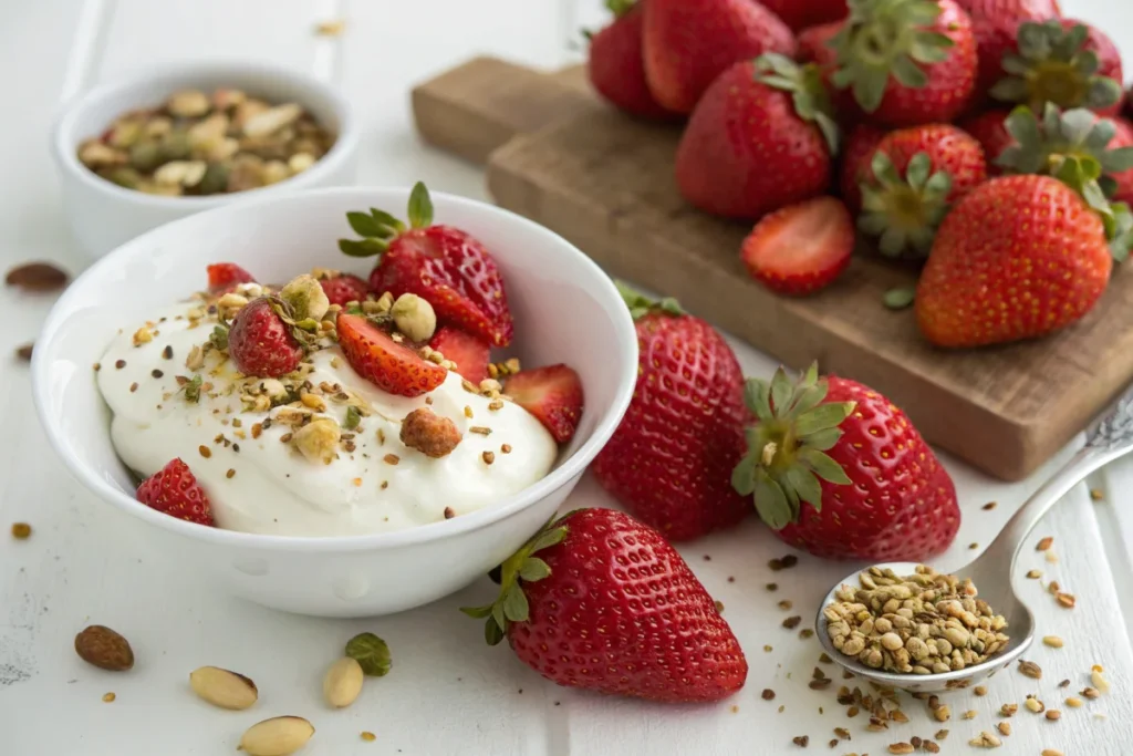 A bowl of strawberries with Greek yogurt, a sprinkling of chopped nuts, and seeds