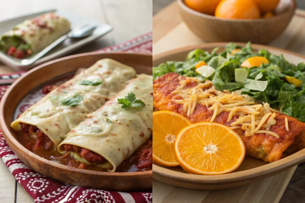 Featured image showing a comparison between traditional enchiladas and a healthier alternative. Includes elements like rich sauces, cheese, fresh vegetables, and lean protein