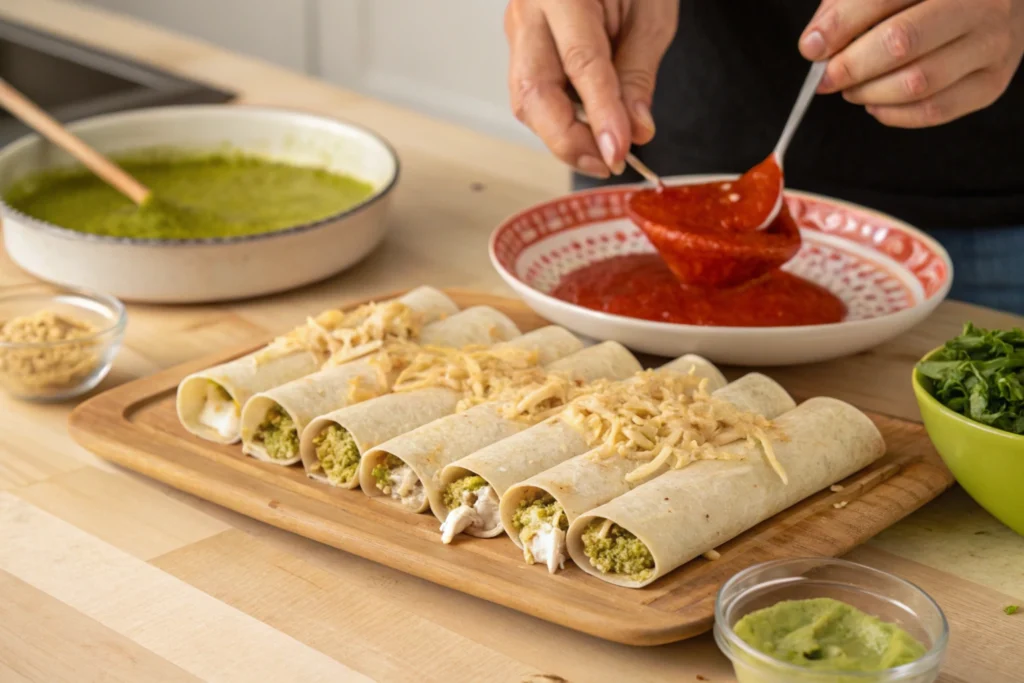 Step-by-step process of making divorced enchiladas, with tortillas filled with chicken and sauces drizzled separately.