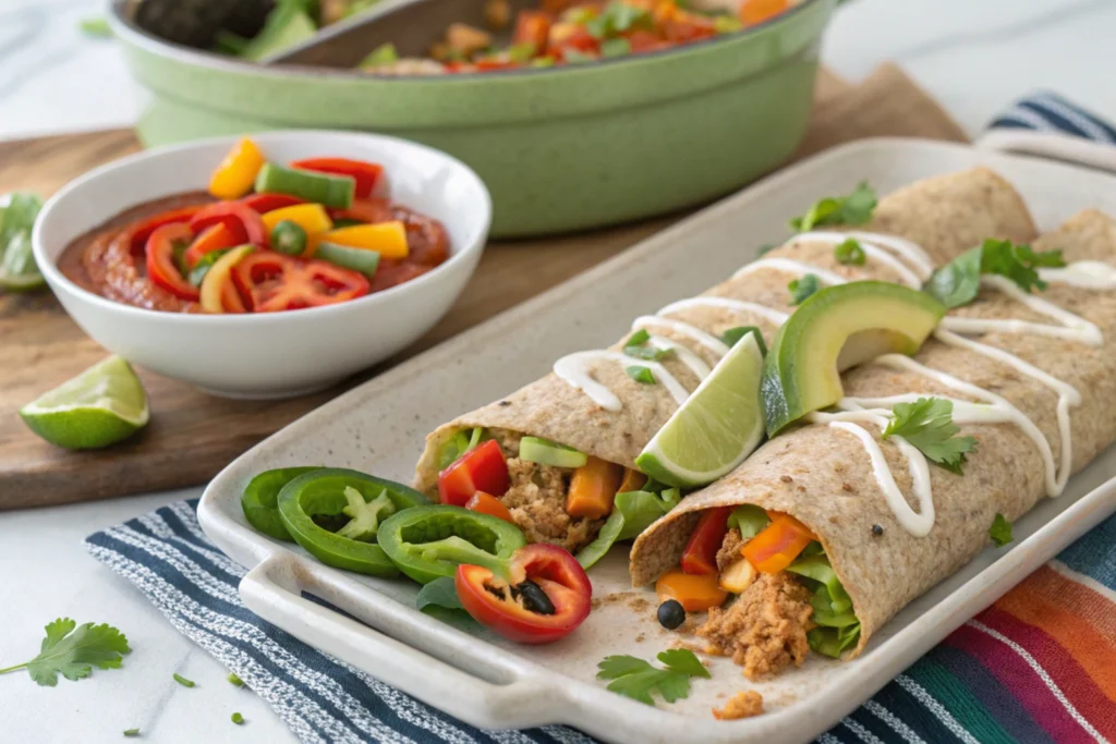 Healthier enchiladas made with whole grain tortillas, lean protein, and fresh vegetables, illustrating a healthier alternative.