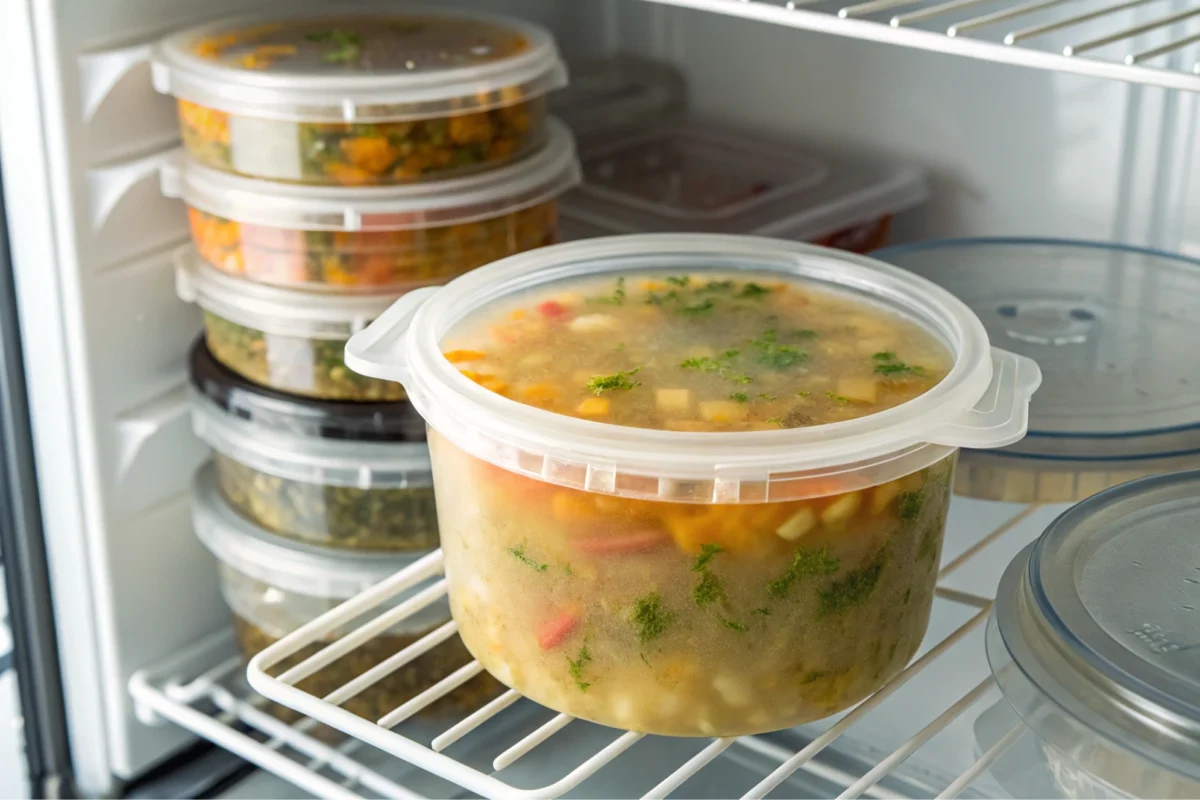 Homemade soup in a container in the fridge.