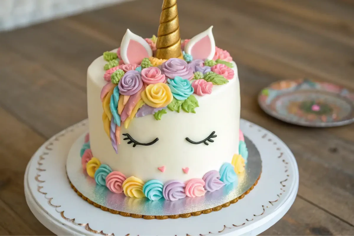 A beautiful and colorful homemade unicorn cake.