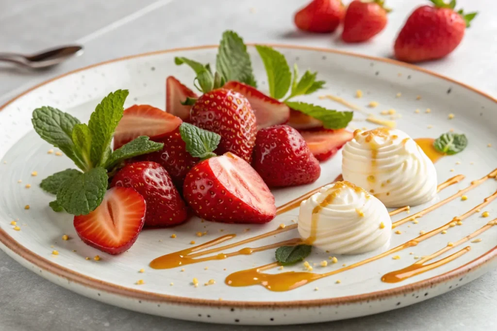 A beautifully plated serving of strawberries and cream, with a careful portion of rich cream drizzled over fresh strawberries, illustrating the importance of moderation in consuming strawberries and cream for a balanced and healthy indulgence.