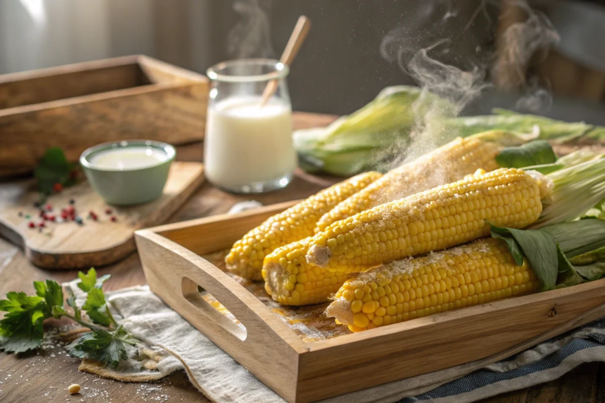 Freshly cooked corn on the cob served on a wooden tray with a glass of milk in the background, showcasing a natural cooking method for sweetness and tenderness.