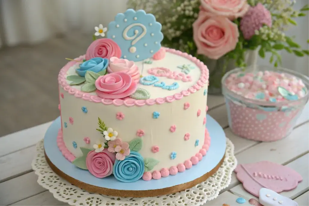 A naturally decorated gender reveal cake with pink and blue accents.