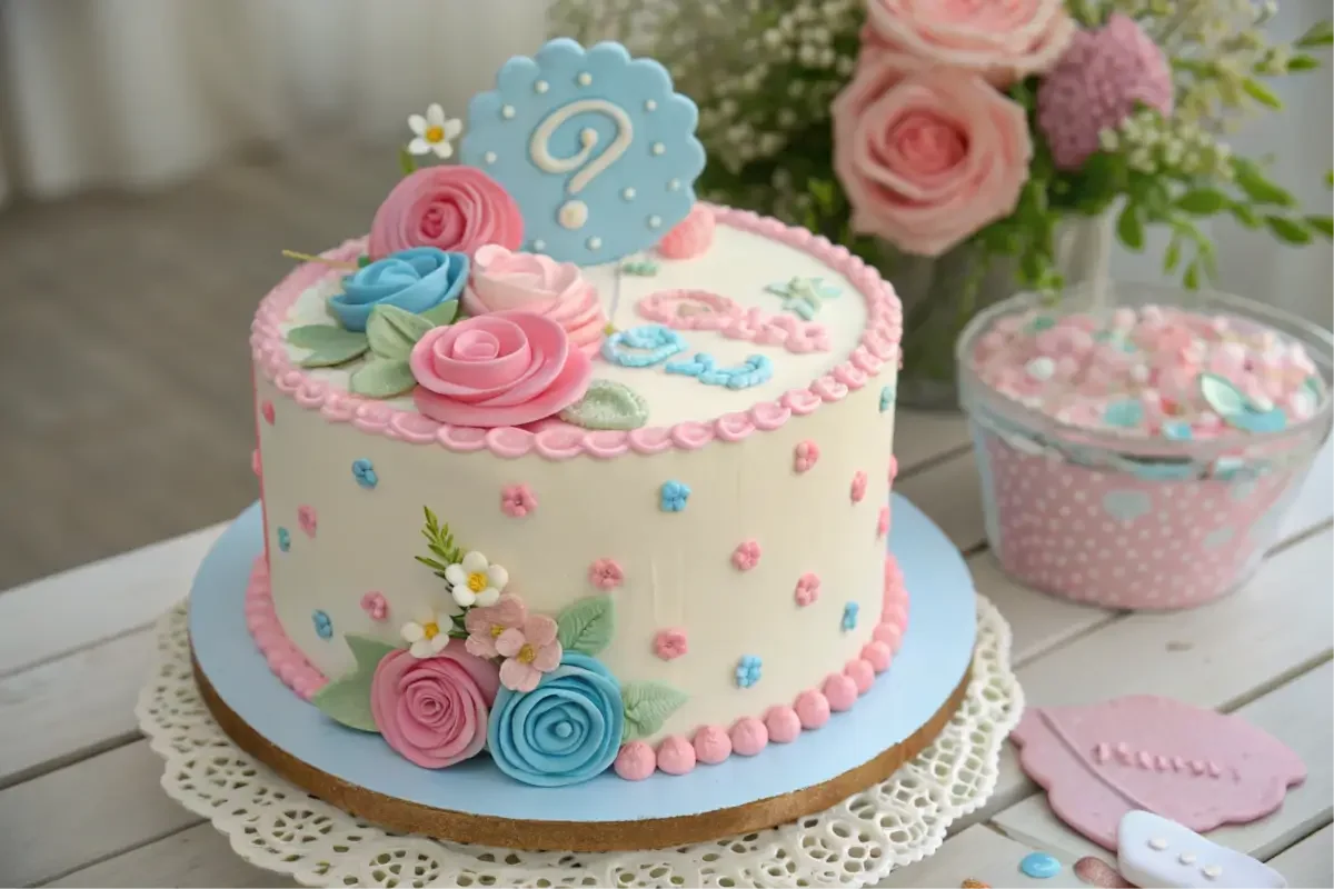 A naturally decorated gender reveal cake with pink and blue accents.